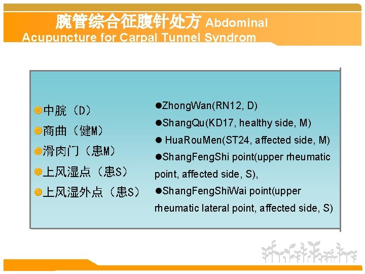 腕管综合征腹针处方 Abdominal Acupuncture for Carpal Tunnel Syndrom 中脘（D） 商曲（健M） 滑肉门（患M） 上风湿点（患S） l. Zhong. Wan(RN