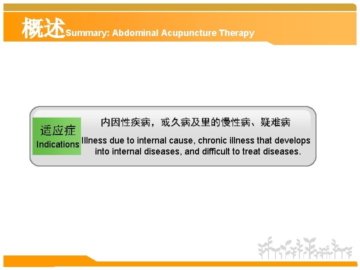 概述Summary: Abdominal Acupuncture Therapy 适应症 内因性疾病，或久病及里的慢性病、疑难病 Indications Illness due to internal cause, chronic illness