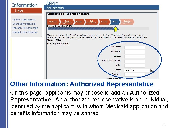 Other Information: Authorized Representative On this page, applicants may choose to add an Authorized