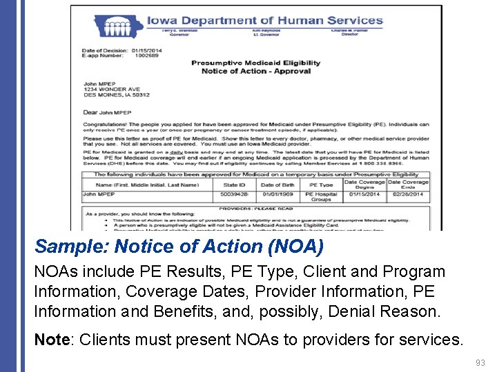 Sample: Notice of Action (NOA) NOAs include PE Results, PE Type, Client and Program