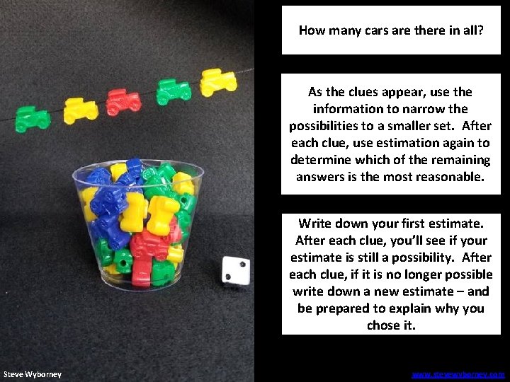 How many cars are there in all? As the clues appear, use the information