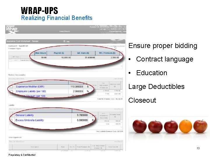 WRAP-UPS Realizing Financial Benefits Ensure proper bidding • Contract language • Education Large Deductibles