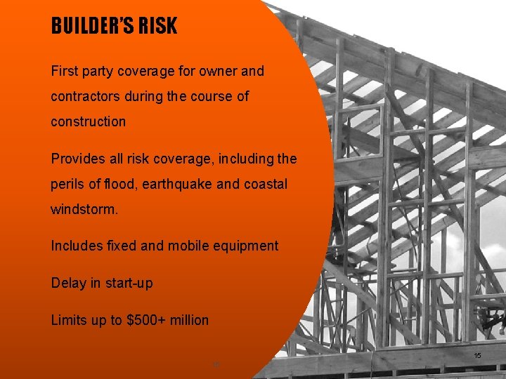 BUILDER’S RISK First party coverage for owner and contractors during the course of construction