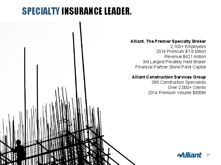 SPECIALTY INSURANCE LEADER. Alliant. The Premier Specialty Broker 2, 100+ Employees 2014 Premium $7.
