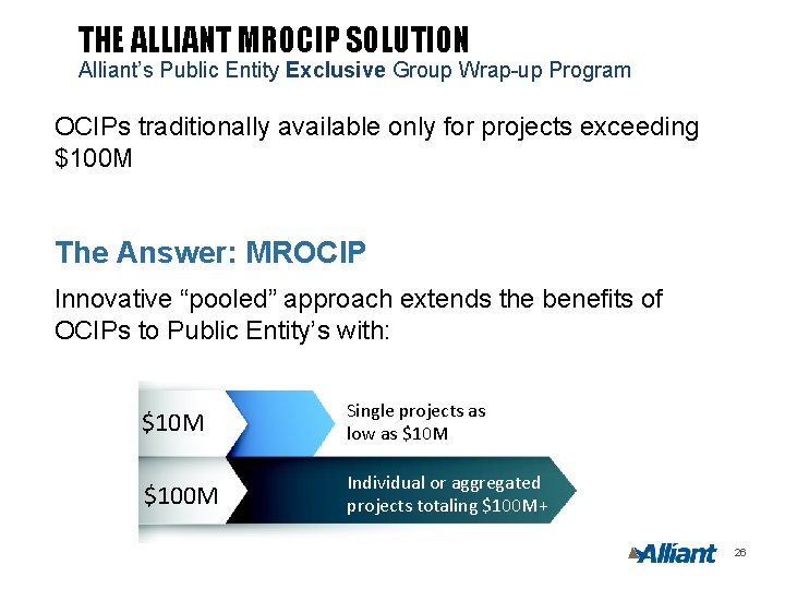 THE ALLIANT MROCIP SOLUTION Alliant’s Public Entity Exclusive Group Wrap-up Program OCIPs traditionally available