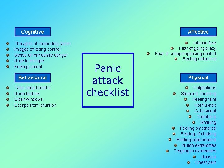 Cognitive Thoughts of impending doom Images of losing control Sense of immediate danger Urge