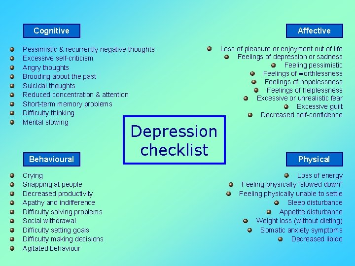 Cognitive Affective Pessimistic & recurrently negative thoughts Excessive self-criticism Angry thoughts Brooding about the