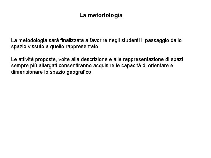 La metodologia sarà finalizzata a favorire negli studenti il passaggio dallo spazio vissuto a