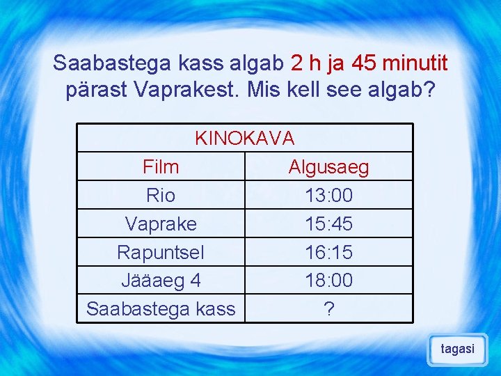 Saabastega kass algab 2 h ja 45 minutit pärast Vaprakest. Mis kell see algab?