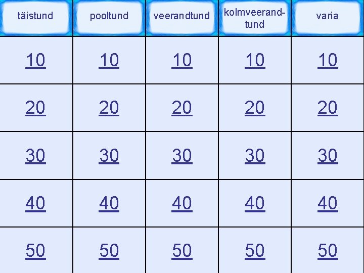 täistund pooltund veerandtund kolmveerandtund varia 10 10 10 20 20 20 30 30 30