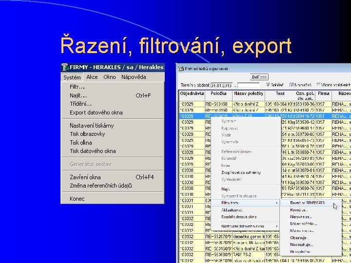 Řazení, filtrování, export 