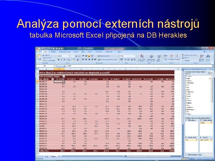 Analýza pomocí externích nástrojů tabulka Microsoft Excel připojená na DB Herakles 