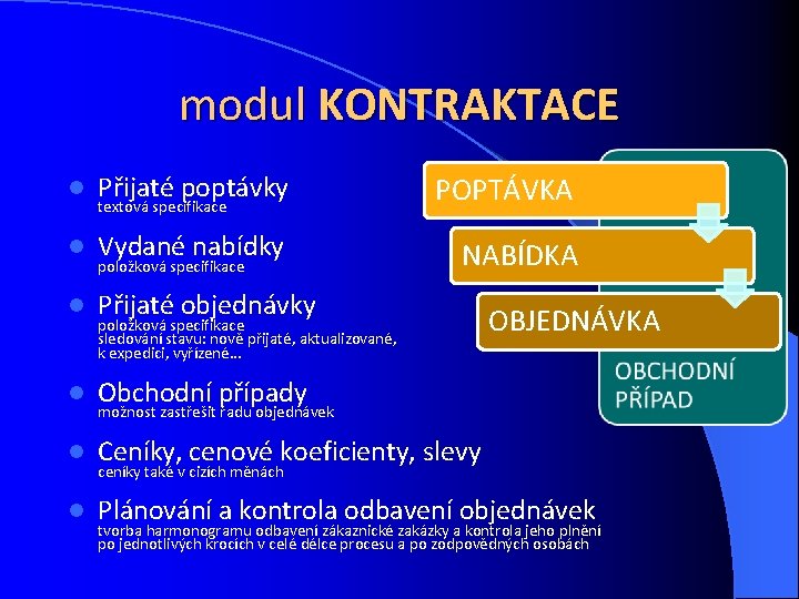 modul KONTRAKTACE l Přijaté poptávky POPTÁVKA l Vydané nabídky NABÍDKA l Přijaté objednávky l