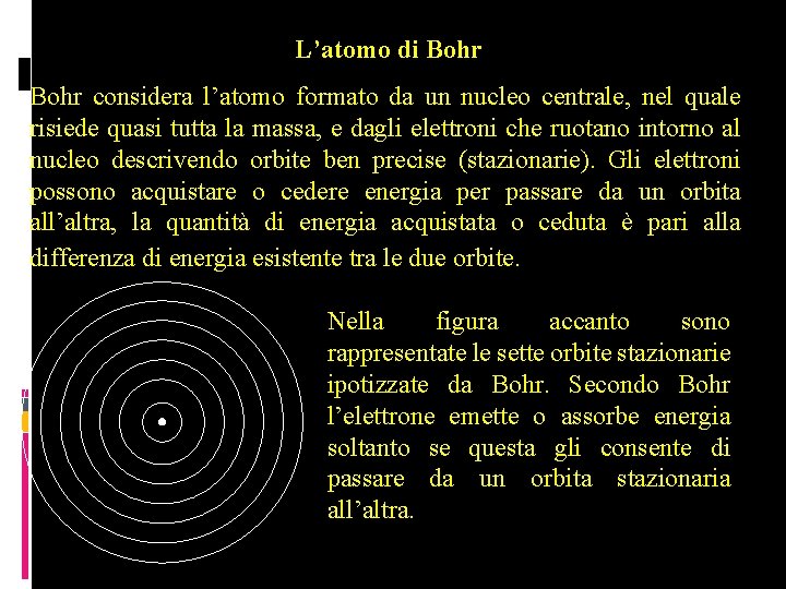 L’atomo di Bohr considera l’atomo formato da un nucleo centrale, nel quale risiede quasi