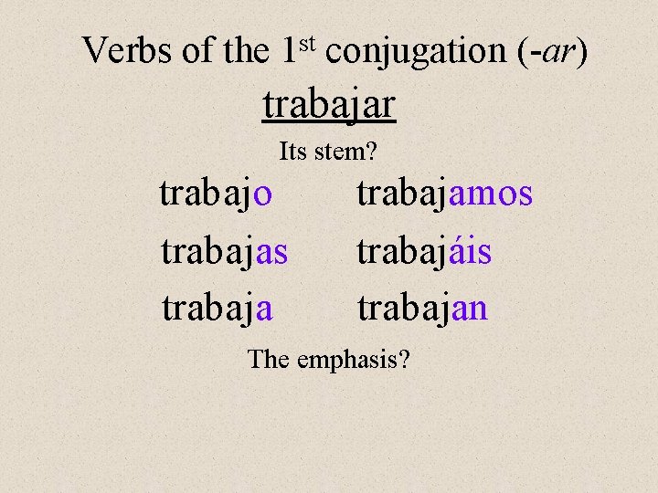 Verbs of the st 1 conjugation (-ar) trabajar Its stem? trab ajo traba jas