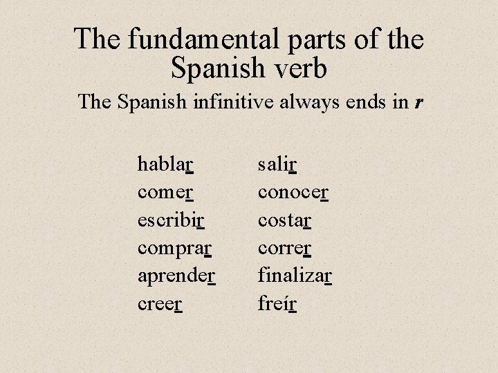 The fundamental parts of the Spanish verb The Spanish infinitive always ends in r