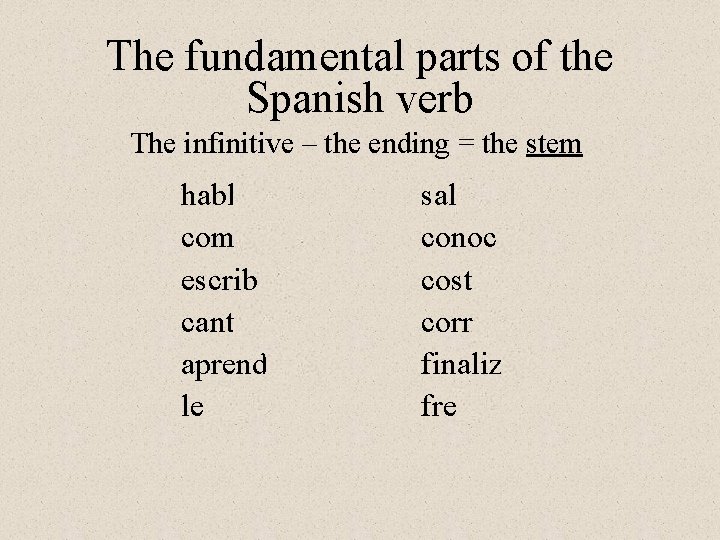 The fundamental parts of the Spanish verb The infinitive – the ending = the