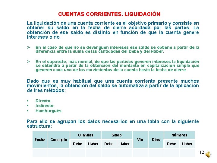 CUENTAS CORRIENTES. LIQUIDACIÓN La liquidación de una cuenta corriente es el objetivo primario y