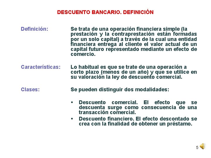DESCUENTO BANCARIO. DEFINICIÓN Definición: Se trata de una operación financiera simple (la prestación y