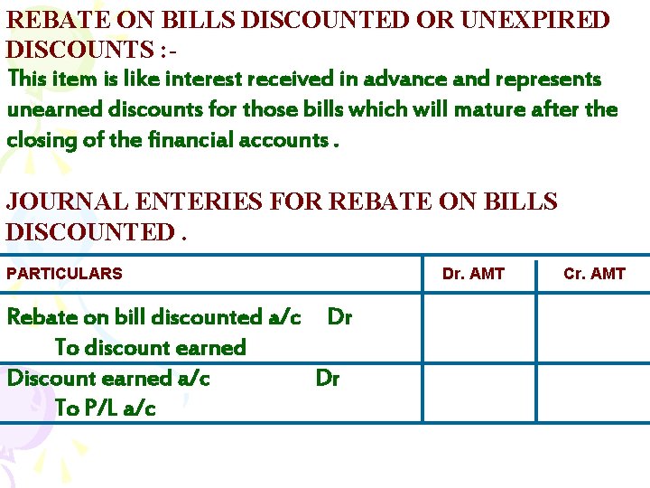 REBATE ON BILLS DISCOUNTED OR UNEXPIRED DISCOUNTS : This item is like interest received