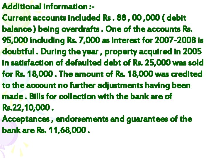 Additional information : Current accounts included Rs. 88 , 000 ( debit balance )