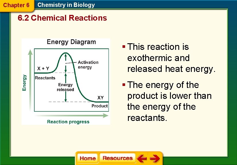 Chapter 6 Chemistry in Biology 6. 2 Chemical Reactions § This reaction is exothermic