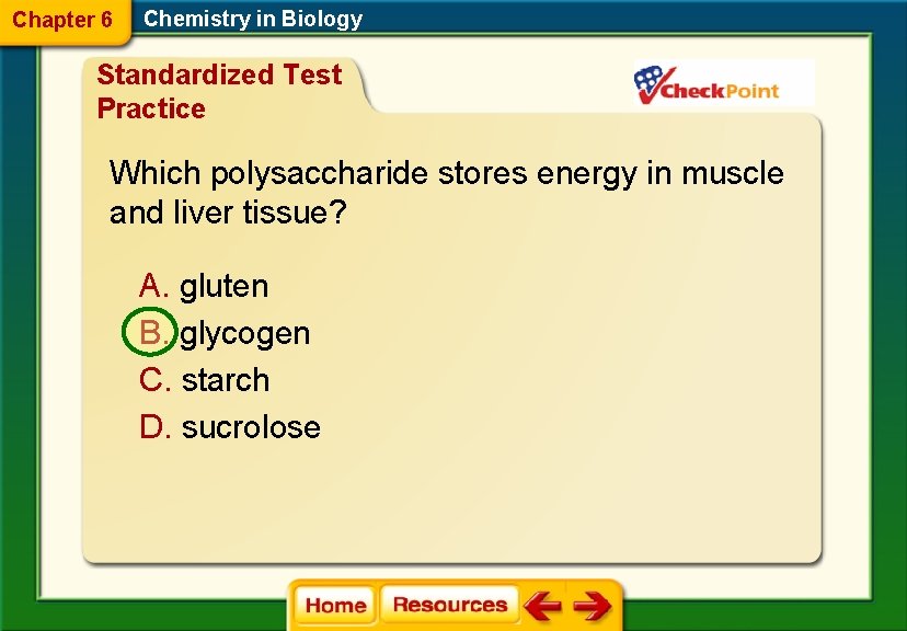 Chapter 6 Chemistry in Biology Standardized Test Practice Which polysaccharide stores energy in muscle