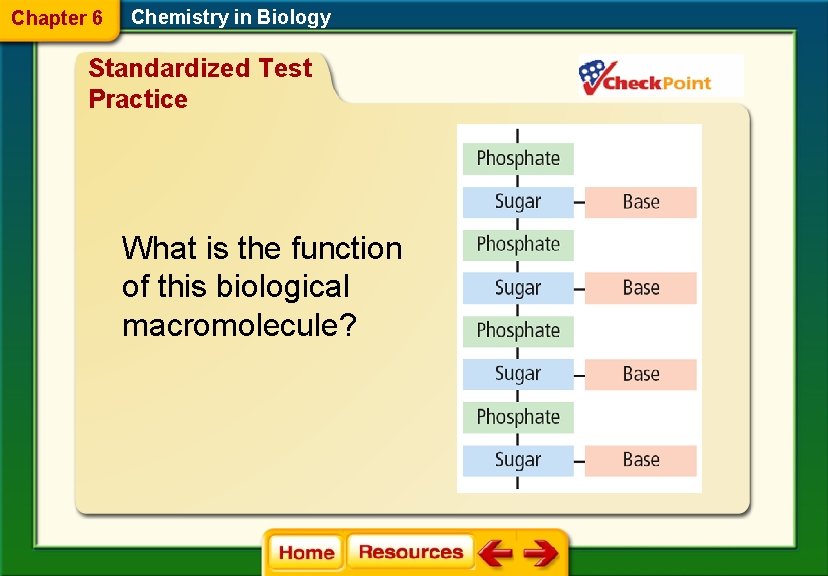 Chapter 6 Chemistry in Biology Standardized Test Practice What is the function of this