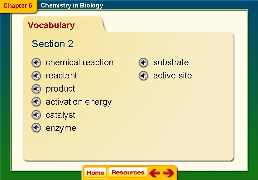 Chapter 6 Chemistry in Biology Vocabulary Section 2 chemical reaction substrate reactant product activation