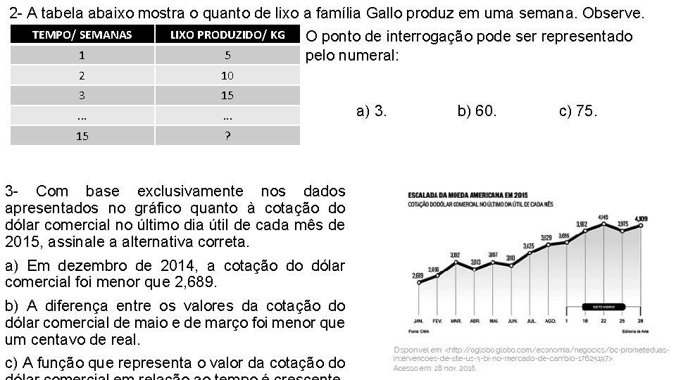 2 - A tabela abaixo mostra o quanto de lixo a família Gallo produz