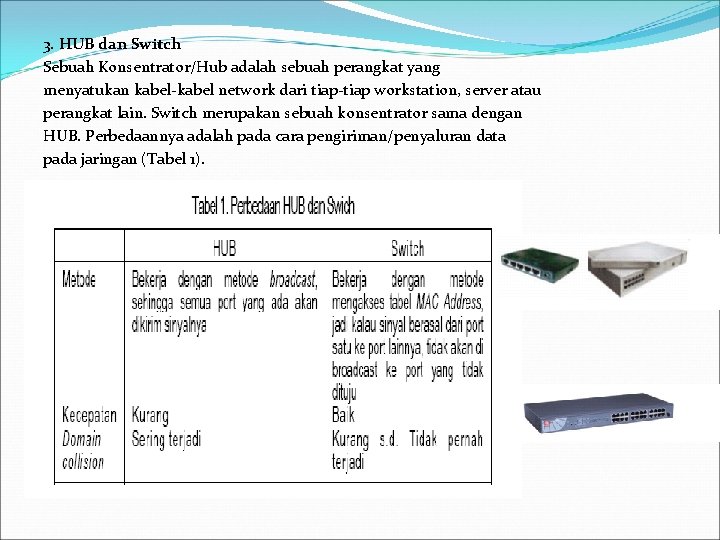 3. HUB dan Switch Sebuah Konsentrator/Hub adalah sebuah perangkat yang menyatukan kabel-kabel network dari