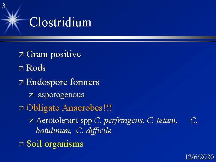 3 Clostridium ä Gram positive ä Rods ä Endospore formers ä asporogenous ä Obligate