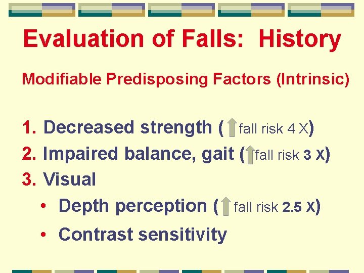 Evaluation of Falls: History Modifiable Predisposing Factors (Intrinsic) 1. Decreased strength ( fall risk