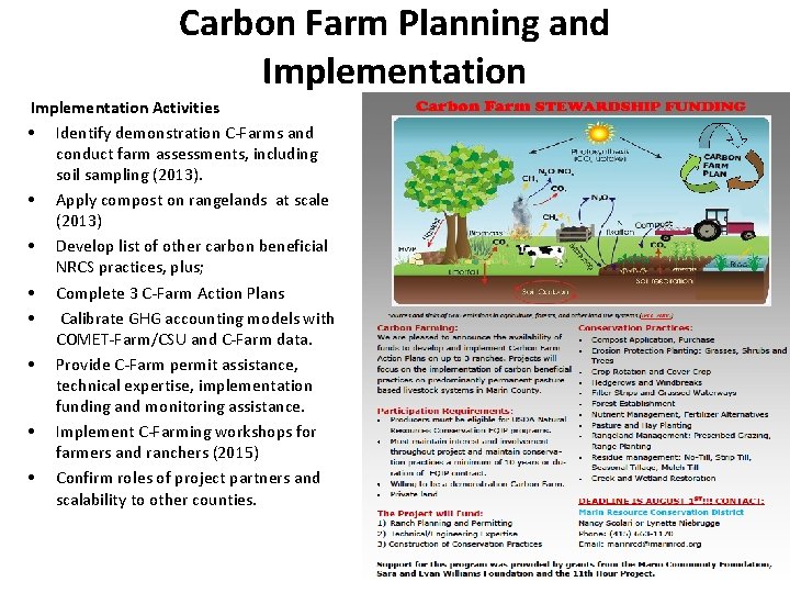 Carbon Farm Planning and Implementation Activities • Identify demonstration C-Farms and conduct farm assessments,