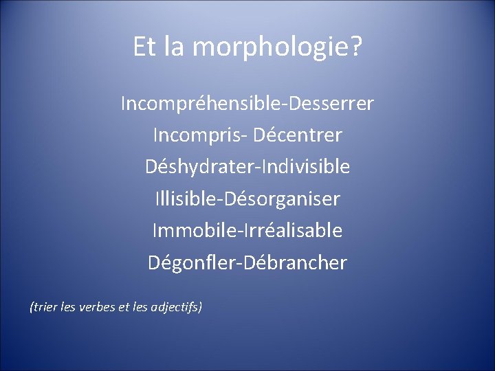 Et la morphologie? Incompréhensible-Desserrer Incompris- Décentrer Déshydrater-Indivisible Illisible-Désorganiser Immobile-Irréalisable Dégonfler-Débrancher (trier les verbes et