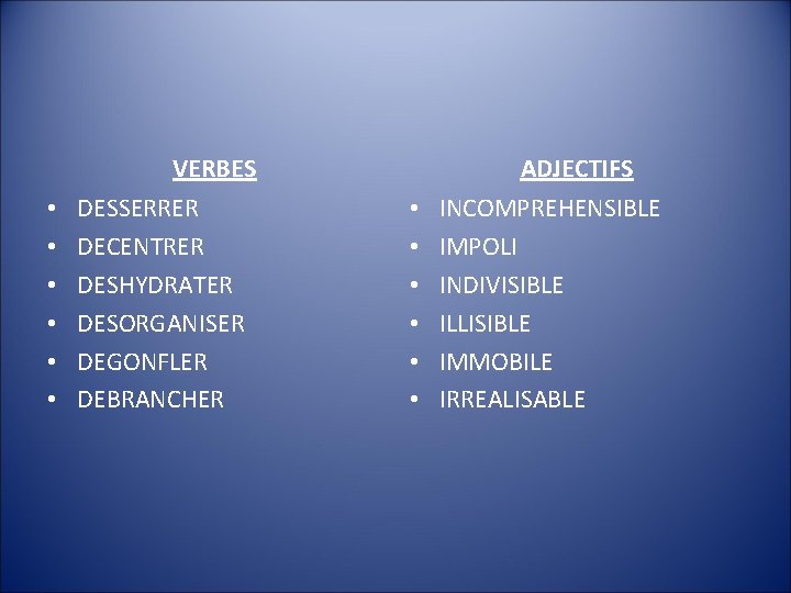 VERBES • • • DESSERRER DECENTRER DESHYDRATER DESORGANISER DEGONFLER DEBRANCHER ADJECTIFS • • •