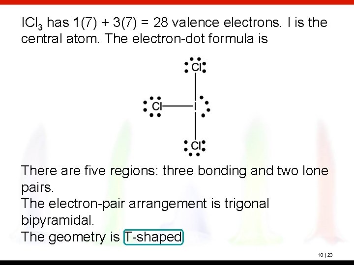 ICl 3 has 1(7) + 3(7) = 28 valence electrons. I is the central