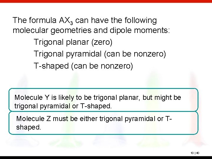 The formula AX 3 can have the following molecular geometries and dipole moments: Trigonal