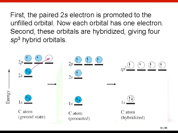 First, the paired 2 s electron is promoted to the unfilled orbital. Now each