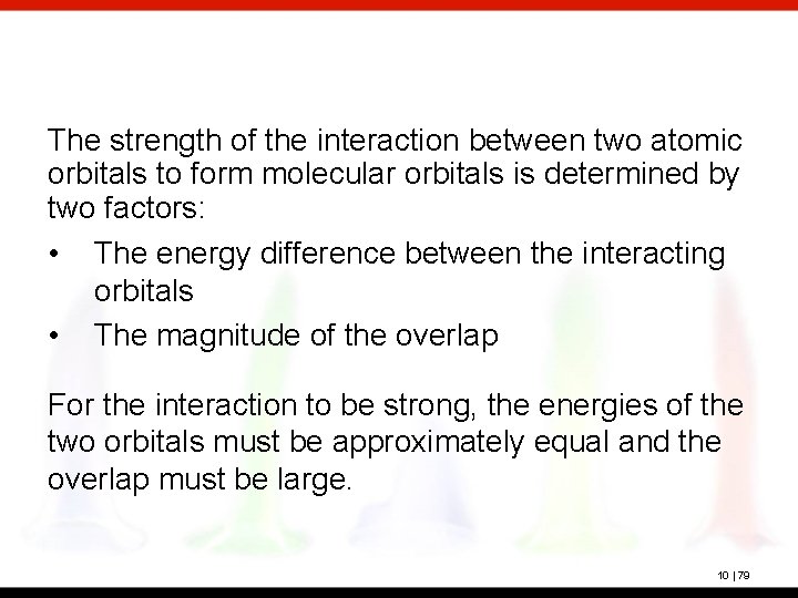 The strength of the interaction between two atomic orbitals to form molecular orbitals is