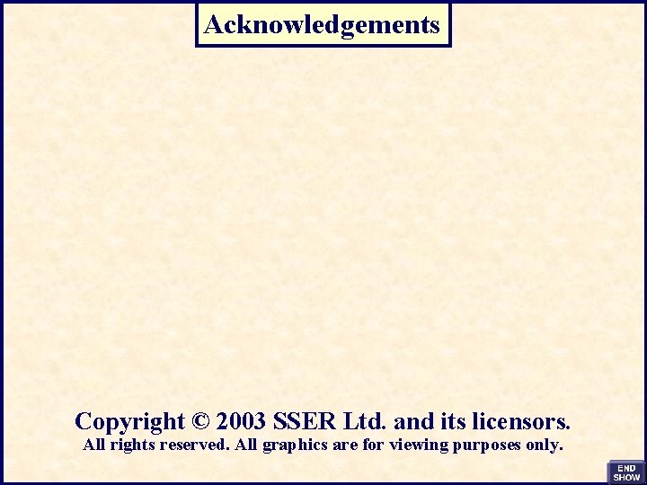 Acknowledgements Copyright © 2003 SSER Ltd. and its licensors. All rights reserved. All graphics