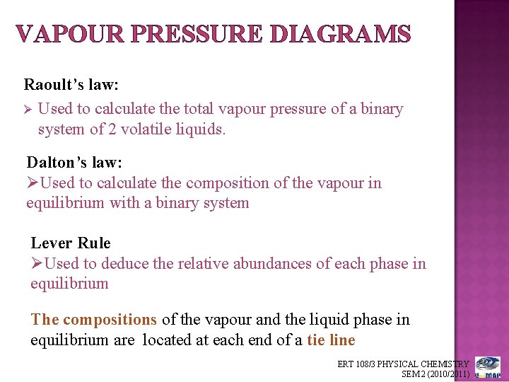 VAPOUR PRESSURE DIAGRAMS Raoult’s law: Ø Used to calculate the total vapour pressure of