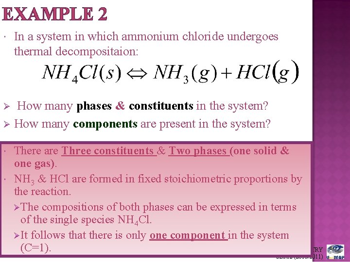 EXAMPLE 2 In a system in which ammonium chloride undergoes thermal decompositaion: How many