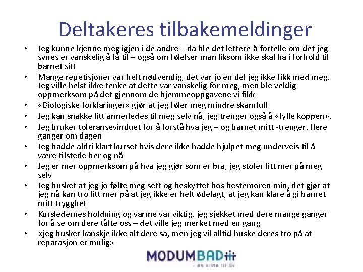 Deltakeres tilbakemeldinger • • • Jeg kunne kjenne meg igjen i de andre –