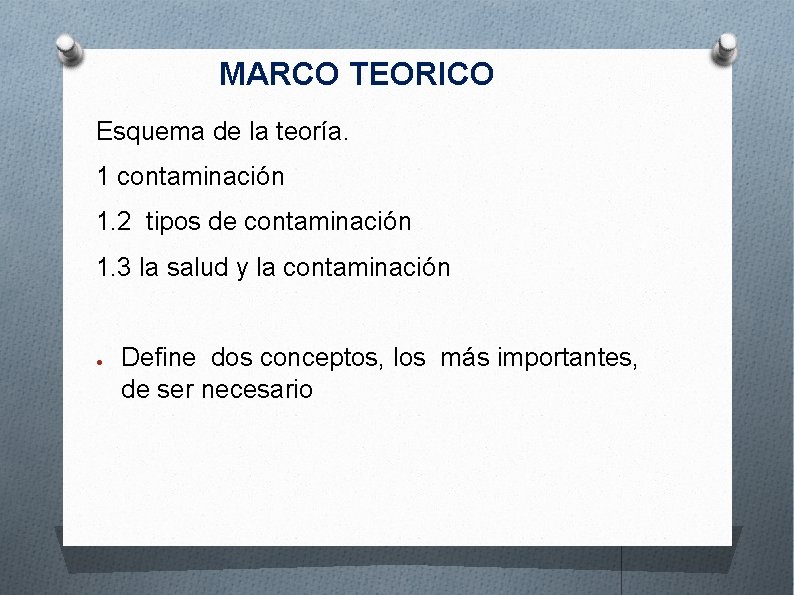 MARCO TEORICO Esquema de la teoría. 1 contaminación 1. 2 tipos de contaminación 1.