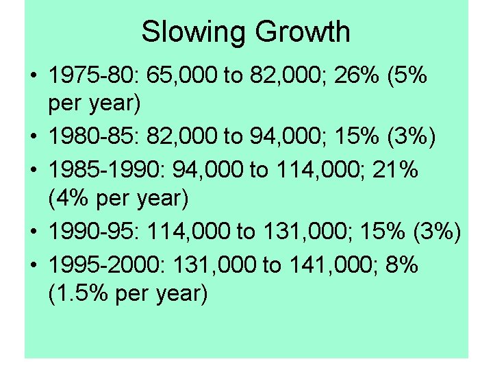 Slowing Growth • 1975 -80: 65, 000 to 82, 000; 26% (5% per year)