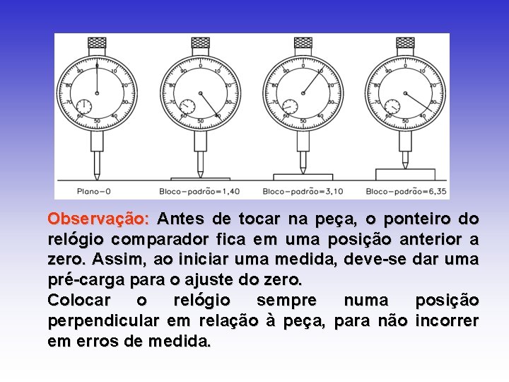 Observação: Antes de tocar na peça, o ponteiro do relógio comparador fica em uma Observação: Antes de tocar na peça, o ponteiro do relógio comparador fica em uma