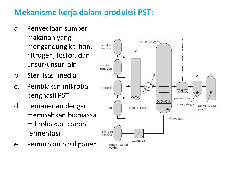 Mekanisme kerja dalam produksi PST: a. Penyediaan sumber makanan yang mengandung karbon, nitrogen, fosfor,