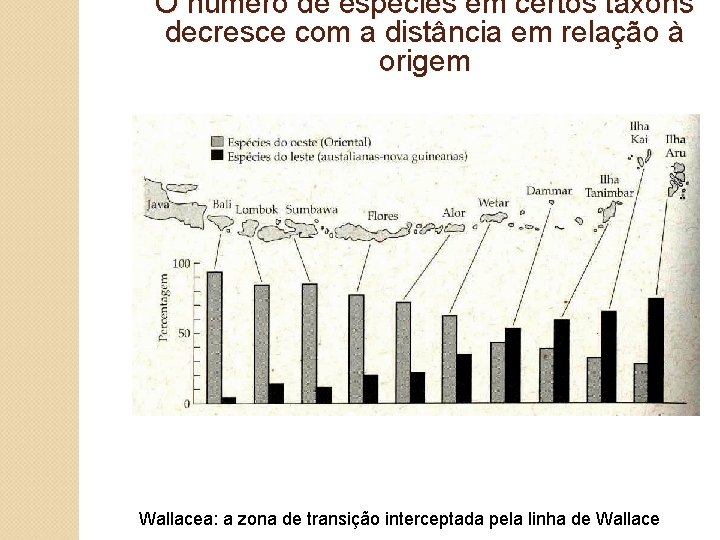 O número de espécies em certos táxons decresce com a distância em relação à