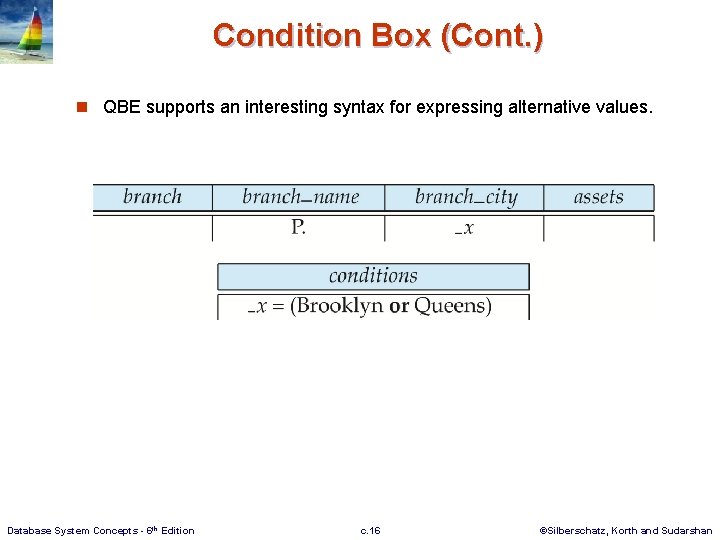 Condition Box (Cont. ) n QBE supports an interesting syntax for expressing alternative values.